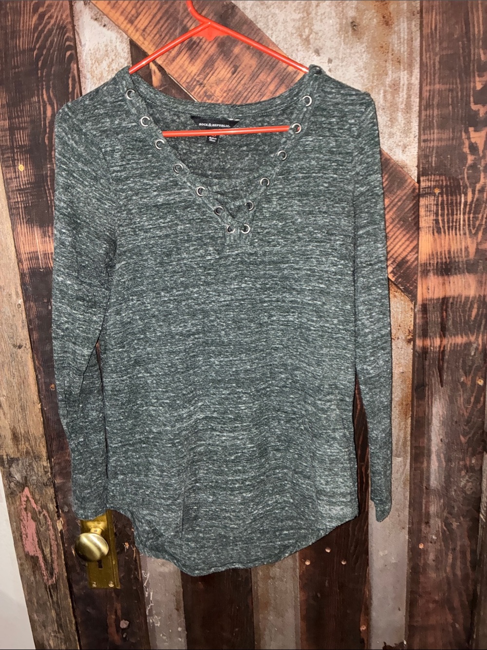 Rock & Republic Gray Lace-Up Long Sleeve Knit Top